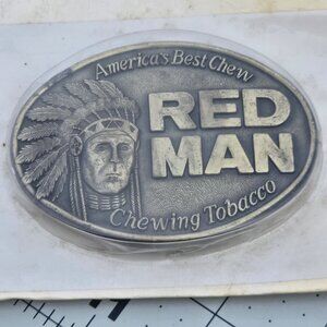 Red Man Belt Buckle Chewing Tobacco Indian Native American Vintage 1988 NOS